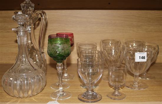 A collection of goblets, etched glassware and two decanters